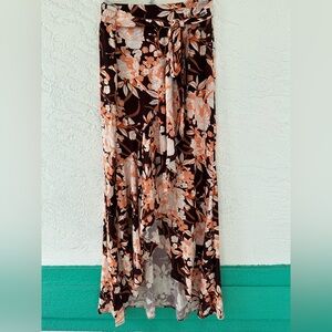 Maaji Maxi Skirt Floral High-Low Wrap-style Front Tie Waist Large Brown Orange